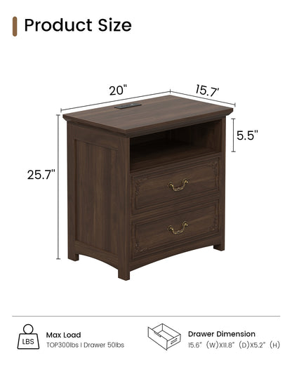 SUCSSRICH | 20-Inch Vintage Farmhouse Nightstand with Charging Station, 2 Drawers & Open Shelf, Elegant Carved Accents and Rustic Metal Handles