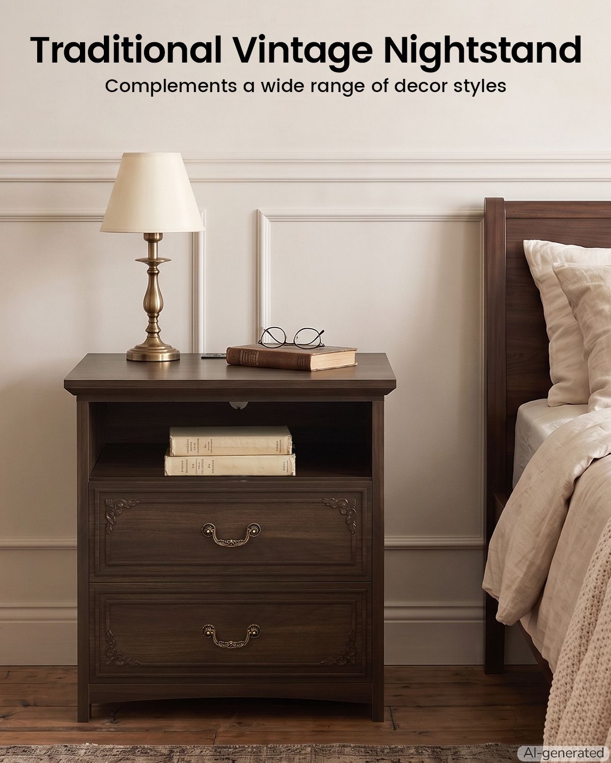 SUCSSRICH | 20-Inch Vintage Farmhouse Nightstand with Charging Station, 2 Drawers & Open Shelf, Elegant Carved Accents and Rustic Metal Handles
