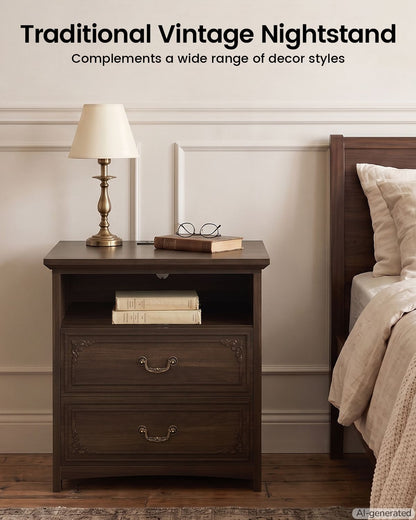 SUCSSRICH | 20-Inch Vintage Farmhouse Nightstand with Charging Station, 2 Drawers & Open Shelf, Elegant Carved Accents and Rustic Metal Handles