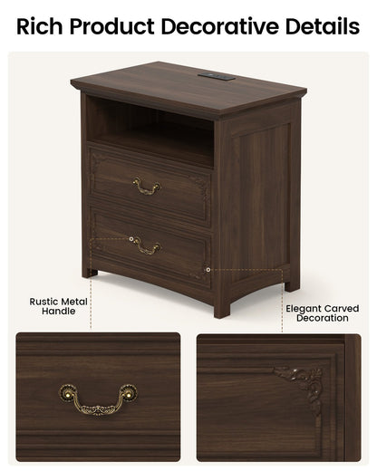 SUCSSRICH | 20-Inch Vintage Farmhouse Nightstand with Charging Station, 2 Drawers & Open Shelf, Elegant Carved Accents and Rustic Metal Handles