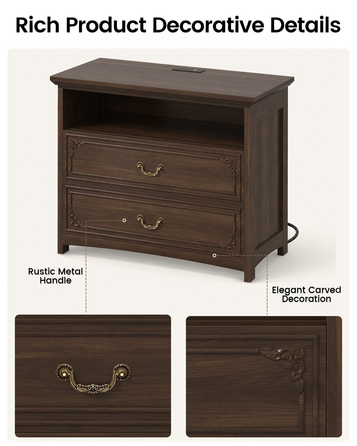 SUCSSRICH | 20-Inch Vintage Farmhouse Nightstand with Charging Station, 2 Drawers & Open Shelf, Elegant Carved Accents and Rustic Metal Handles