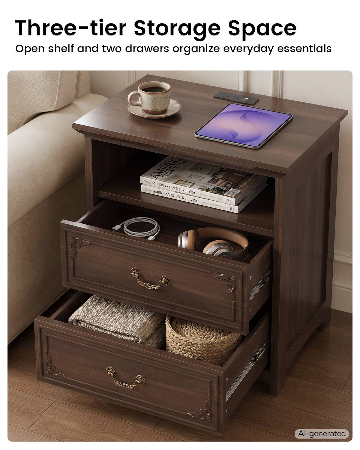 SUCSSRICH | 20-Inch Vintage Farmhouse Nightstand with Charging Station, 2 Drawers & Open Shelf, Elegant Carved Accents and Rustic Metal Handles