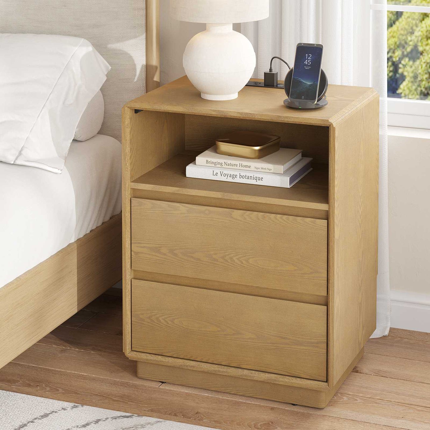 SUCSSRICH | Solid Wood Nightstand with Charging Station, 2 Drawers & Open Storage Shelf, Wall-Hugging Design, Natural Wood Bedside Table
