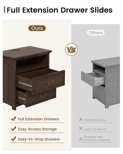 SUCSSRICH | 20-Inch Vintage Farmhouse Nightstand with Charging Station, 2 Drawers & Open Shelf, Elegant Carved Accents and Rustic Metal Handles
