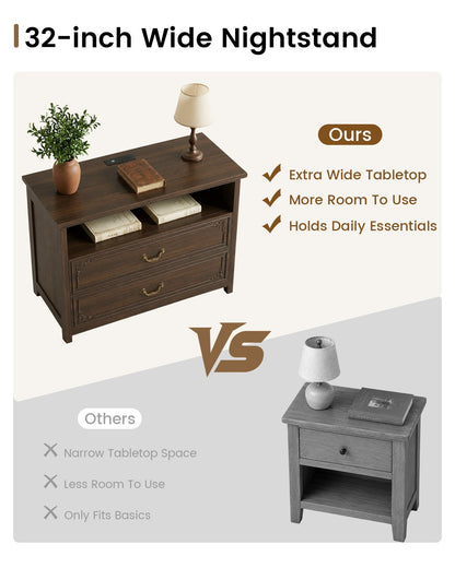 SUCSSRICH | 20-Inch Vintage Farmhouse Nightstand with Charging Station, 2 Drawers & Open Shelf, Elegant Carved Accents and Rustic Metal Handles