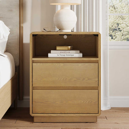 SUCSSRICH | Solid Wood Nightstand with Charging Station, 2 Drawers & Open Storage Shelf, Wall-Hugging Design, Natural Wood Bedside Table