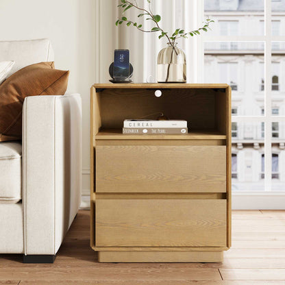 SUCSSRICH | Solid Wood Nightstand with Charging Station, 2 Drawers & Open Storage Shelf, Wall-Hugging Design, Natural Wood Bedside Table