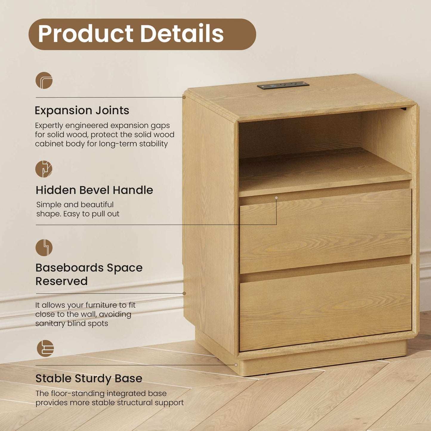 SUCSSRICH | Solid Wood Nightstand with Charging Station, 2 Drawers & Open Storage Shelf, Wall-Hugging Design, Natural Wood Bedside Table