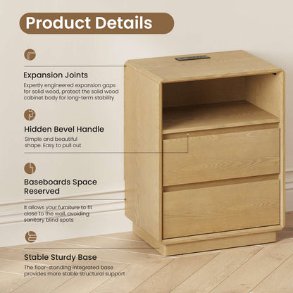 SUCSSRICH | Solid Wood Nightstand with Charging Station, 2 Drawers & Open Storage Shelf, Wall-Hugging Design, Natural Wood Bedside Table