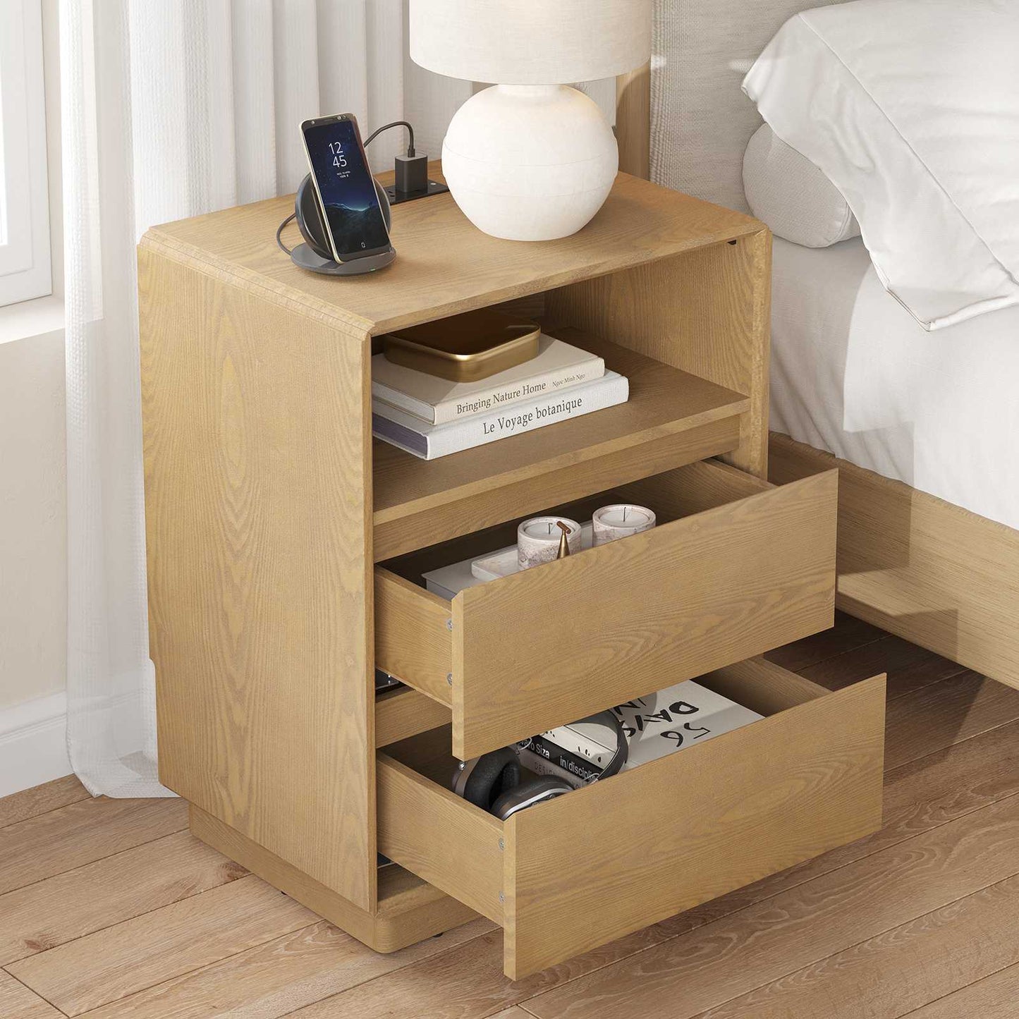 SUCSSRICH | Solid Wood Nightstand with Charging Station, 2 Drawers & Open Storage Shelf, Wall-Hugging Design, Natural Wood Bedside Table