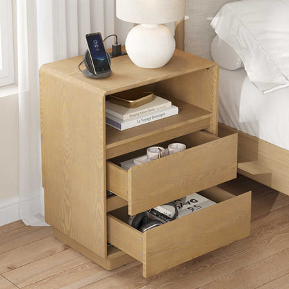 SUCSSRICH | Solid Wood Nightstand with Charging Station, 2 Drawers & Open Storage Shelf, Wall-Hugging Design, Natural Wood Bedside Table