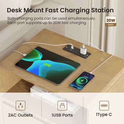 SUCSSRICH | Solid Wood Nightstand with Charging Station, 2 Drawers & Open Storage Shelf, Wall-Hugging Design, Natural Wood Bedside Table