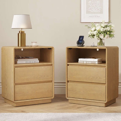 SUCSSRICH | Solid Wood Nightstand with Charging Station, 2 Drawers & Open Storage Shelf, Wall-Hugging Design, Natural Wood Bedside Table