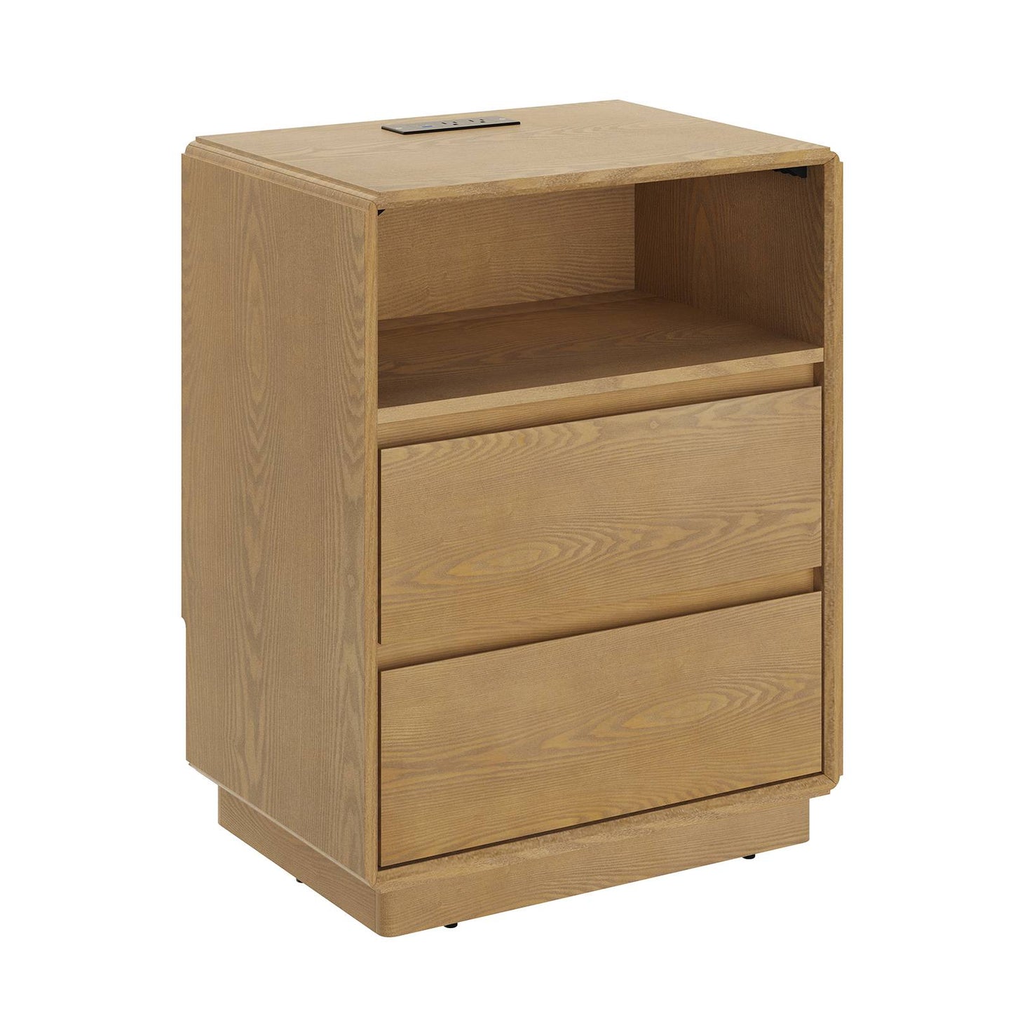 SUCSSRICH | Solid Wood Nightstand with Charging Station, 2 Drawers & Open Storage Shelf, Wall-Hugging Design, Natural Wood Bedside Table