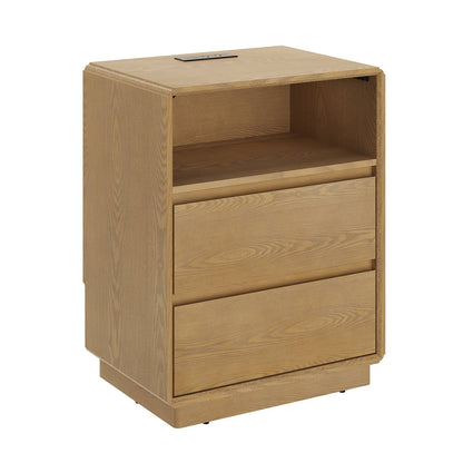 SUCSSRICH | Solid Wood Nightstand with Charging Station, 2 Drawers & Open Storage Shelf, Wall-Hugging Design, Natural Wood Bedside Table