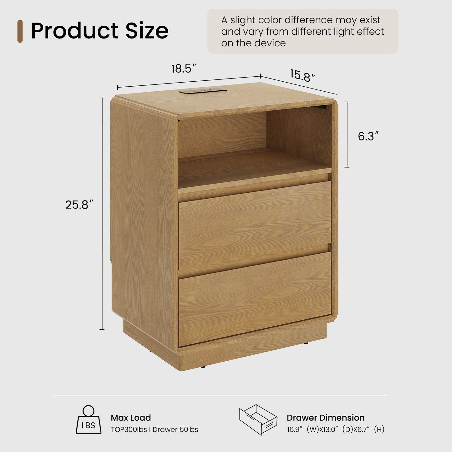 SUCSSRICH | Solid Wood Nightstand with Charging Station, 2 Drawers & Open Storage Shelf, Wall-Hugging Design, Natural Wood Bedside Table