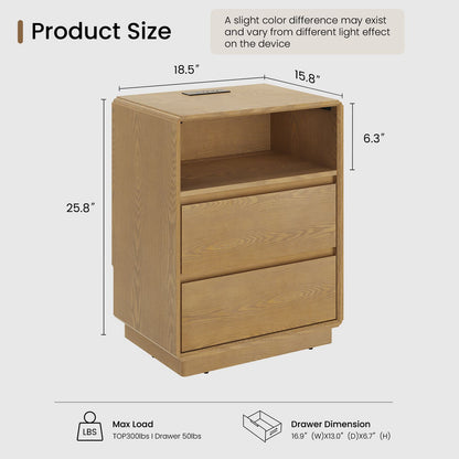 SUCSSRICH | Solid Wood Nightstand with Charging Station, 2 Drawers & Open Storage Shelf, Wall-Hugging Design, Natural Wood Bedside Table