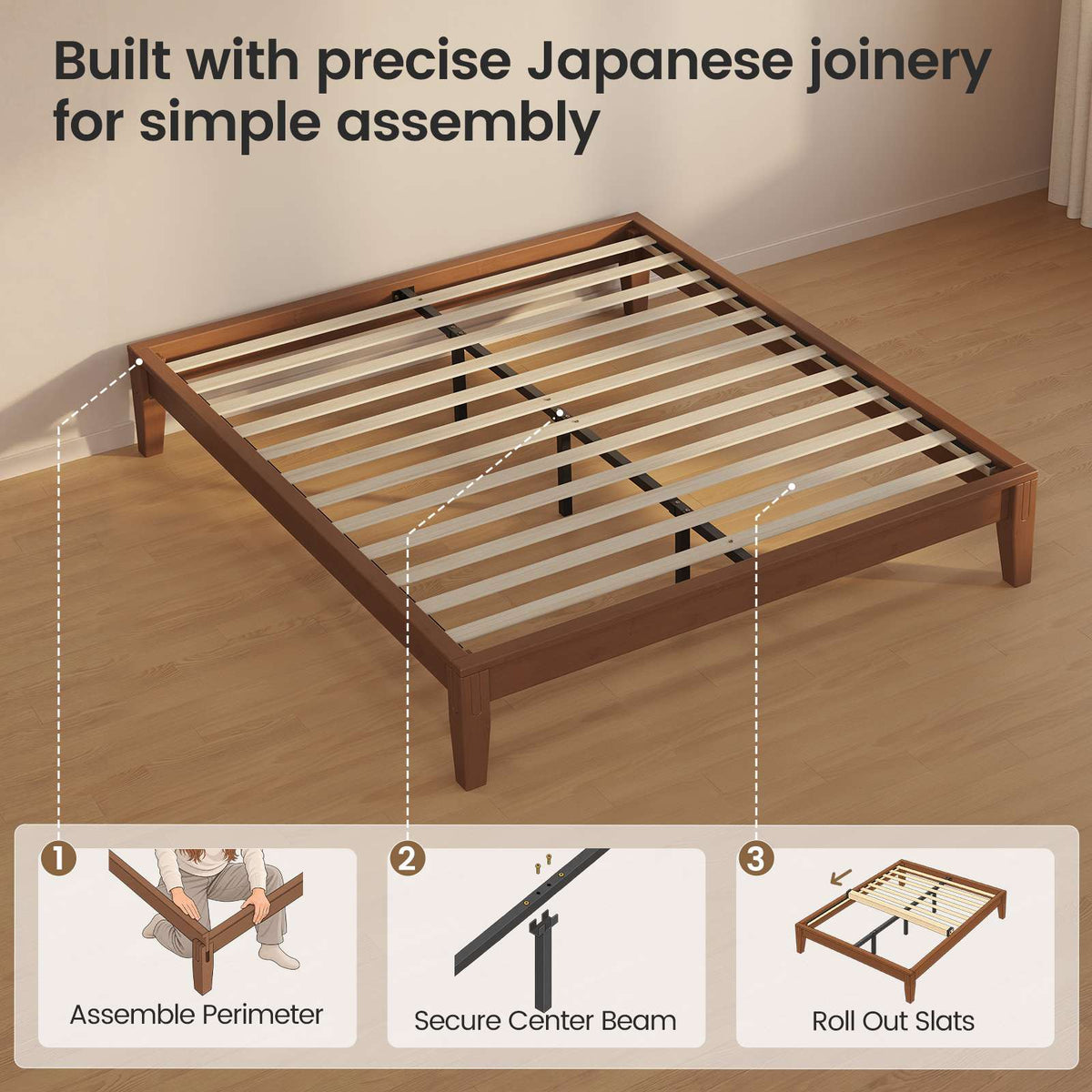 SUCSSRICH | Solid Wood Platform Bed Frame, Japanese Joinery, Natural Bamboo, Japandi Style & No Box Spring Needed