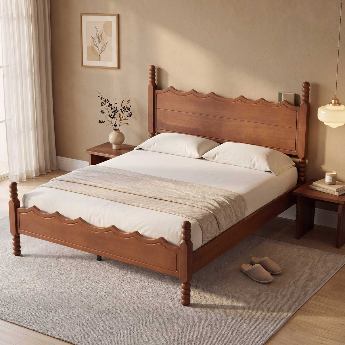 SUCSSRICH | Solid Wood Platform Bed with Storage Headboard, Spindle Design, Under-Bed Storage & No Box Spring Needed