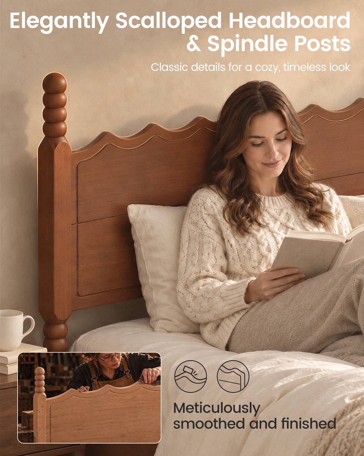 SUCSSRICH | Solid Wood Platform Bed with Storage Headboard, Spindle Design, Under-Bed Storage & No Box Spring Needed