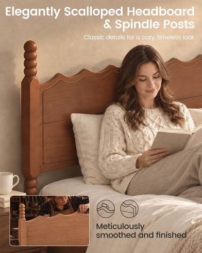 SUCSSRICH | Solid Wood Platform Bed with Storage Headboard, Spindle Design, Under-Bed Storage & No Box Spring Needed