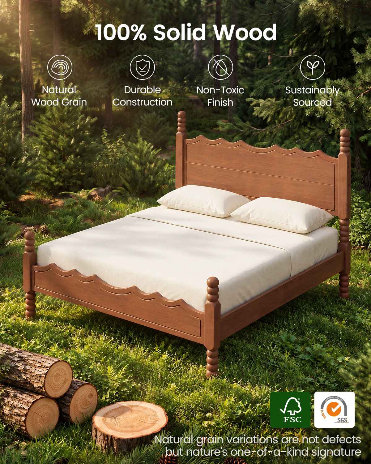 SUCSSRICH | Solid Wood Platform Bed with Storage Headboard, Spindle Design, Under-Bed Storage & No Box Spring Needed