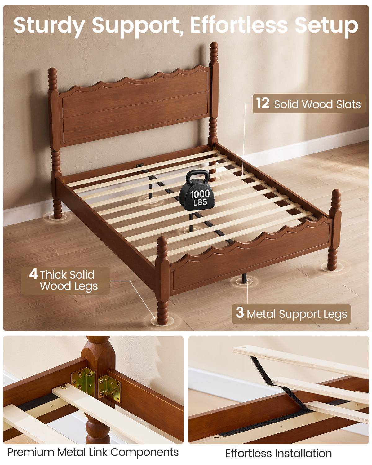 SUCSSRICH | Solid Wood Platform Bed with Storage Headboard, Spindle Design, Under-Bed Storage & No Box Spring Needed