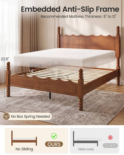 SUCSSRICH | Solid Wood Platform Bed with Storage Headboard, Spindle Design, Under-Bed Storage & No Box Spring Needed