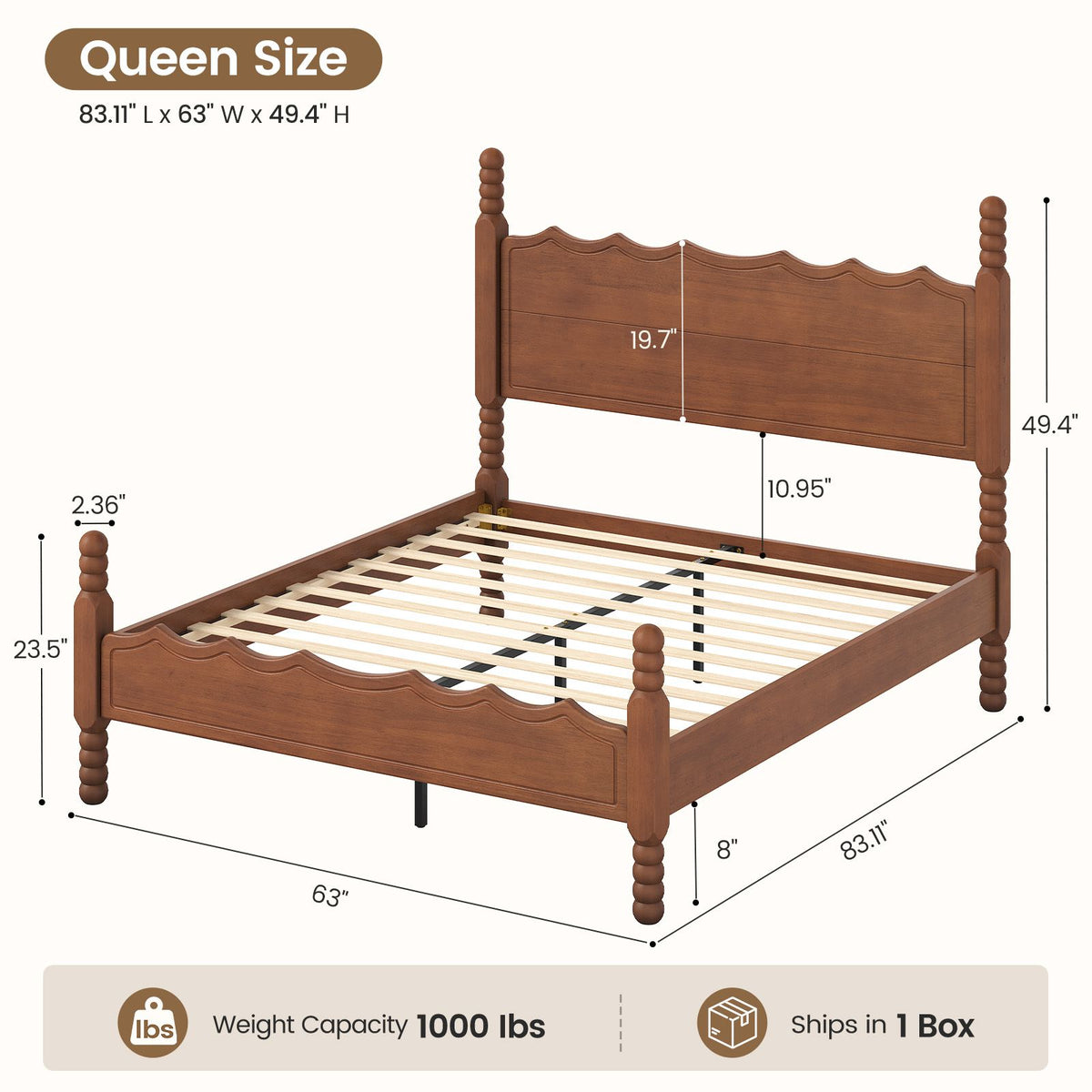 SUCSSRICH | Solid Wood Platform Bed with Storage Headboard, Spindle Design, Under-Bed Storage & No Box Spring Needed