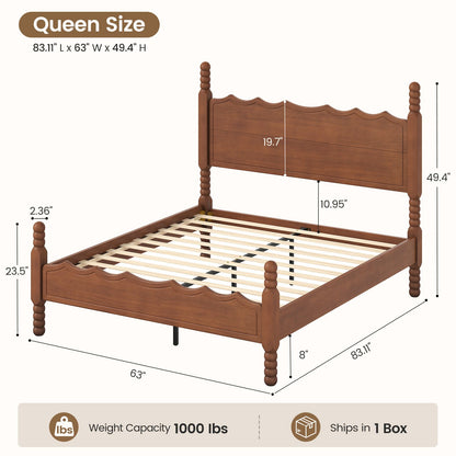 SUCSSRICH | Solid Wood Platform Bed with Storage Headboard, Spindle Design, Under-Bed Storage & No Box Spring Needed