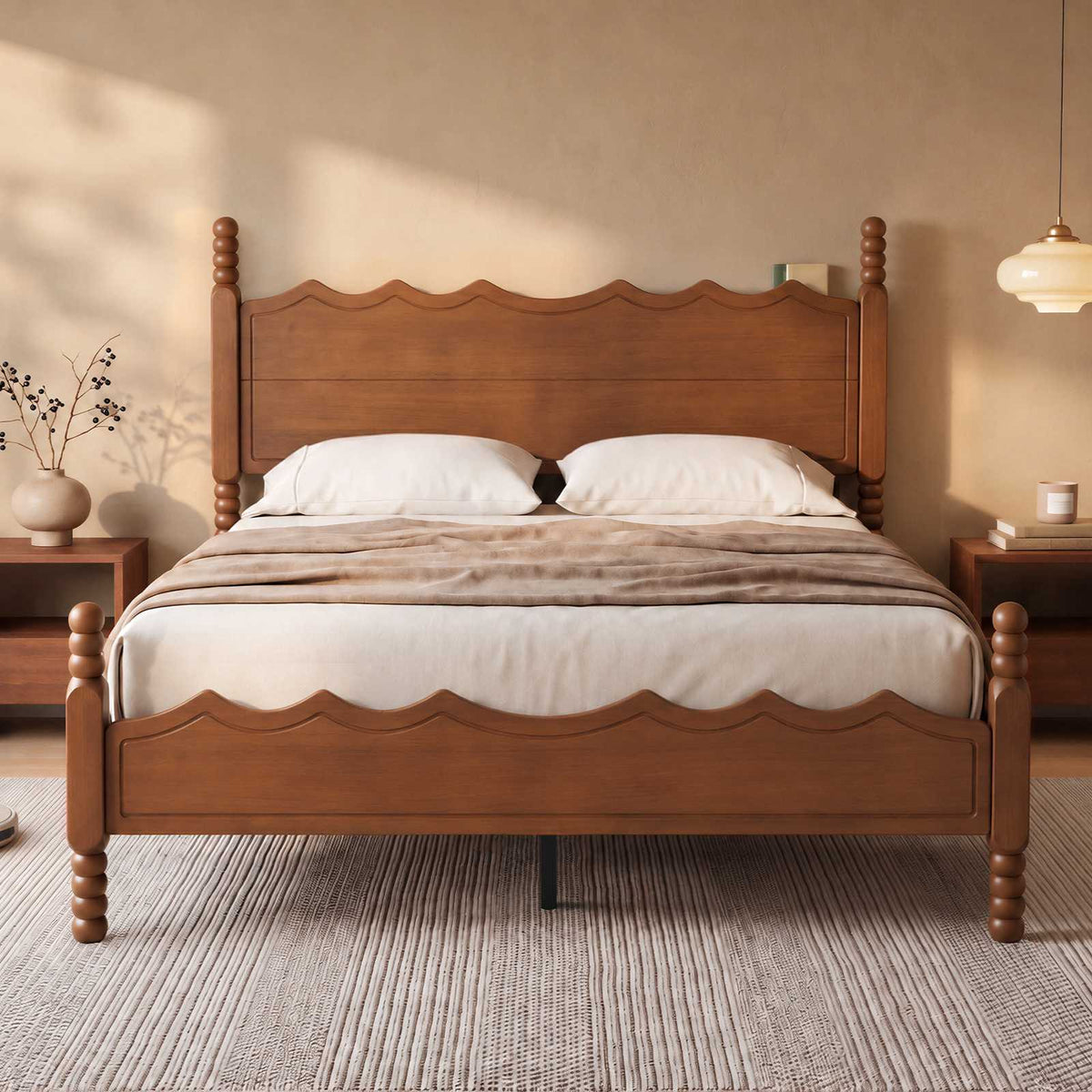 SUCSSRICH | Solid Wood Platform Bed with Storage Headboard, Spindle Design, Under-Bed Storage & No Box Spring Needed
