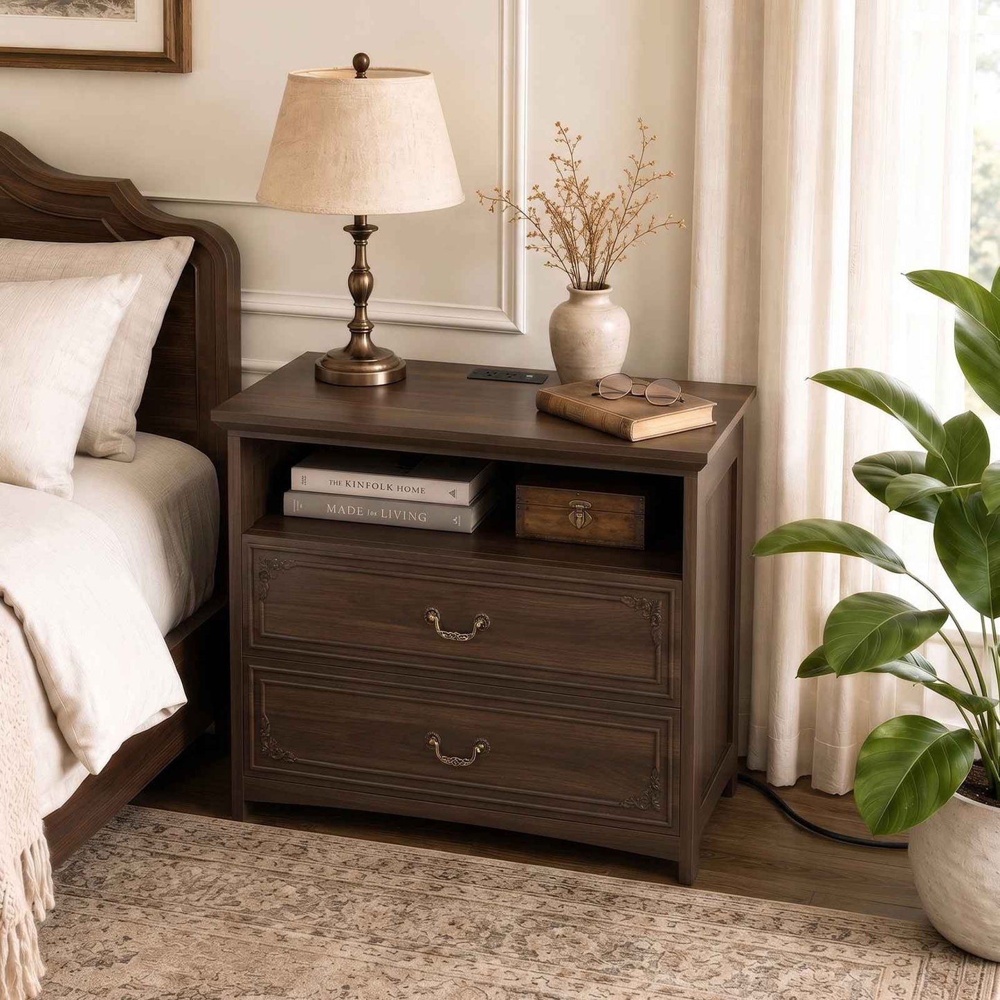 SUCSSRICH | 32-Inch Vintage Farmhouse Nightstand with Charging Station, 2 Drawers & Open Shelf, Elegant Carved Accents and Rustic Metal Handles