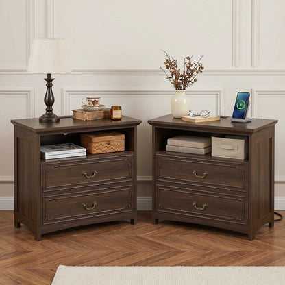 SUCSSRICH | 32-Inch Vintage Farmhouse Nightstand with Charging Station, 2 Drawers & Open Shelf, Elegant Carved Accents and Rustic Metal Handles
