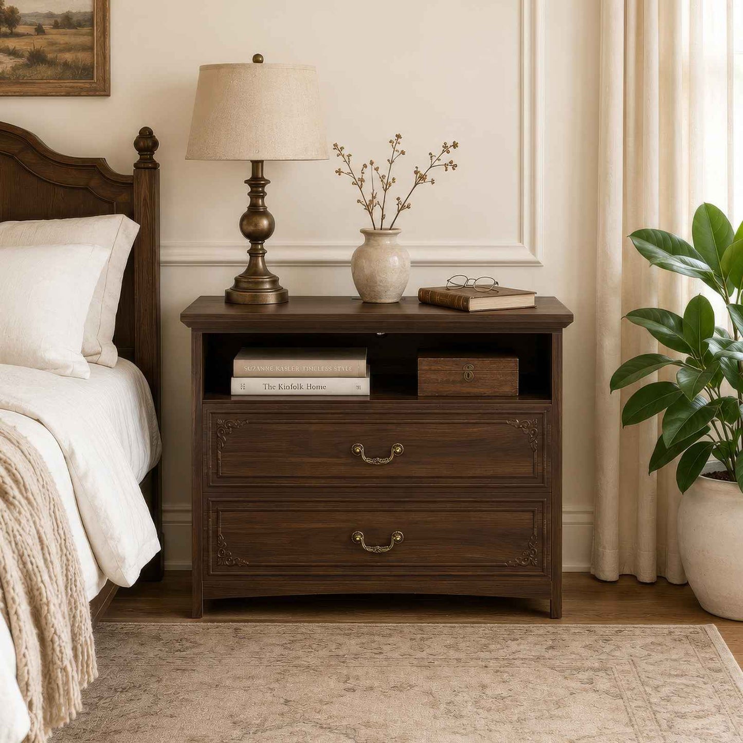 SUCSSRICH | 32-Inch Vintage Farmhouse Nightstand with Charging Station, 2 Drawers & Open Shelf, Elegant Carved Accents and Rustic Metal Handles