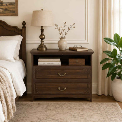 SUCSSRICH | 32-Inch Vintage Farmhouse Nightstand with Charging Station, 2 Drawers & Open Shelf, Elegant Carved Accents and Rustic Metal Handles