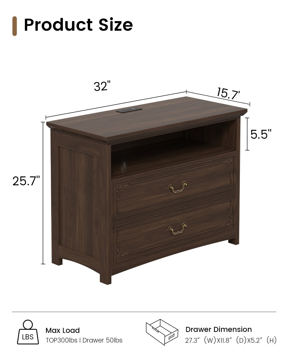SUCSSRICH | 32-Inch Vintage Farmhouse Nightstand with Charging Station, 2 Drawers & Open Shelf, Elegant Carved Accents and Rustic Metal Handles