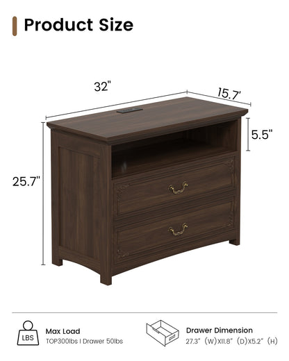 SUCSSRICH | 32-Inch Vintage Farmhouse Nightstand with Charging Station, 2 Drawers & Open Shelf, Elegant Carved Accents and Rustic Metal Handles