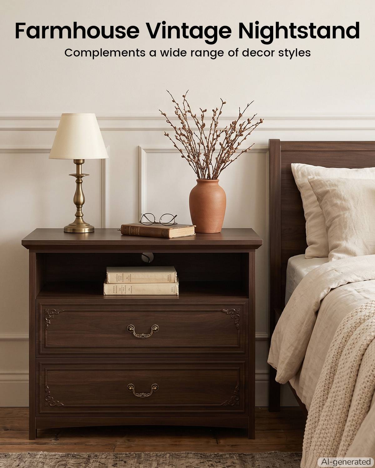 SUCSSRICH | 32-Inch Vintage Farmhouse Nightstand with Charging Station, 2 Drawers & Open Shelf, Elegant Carved Accents and Rustic Metal Handles