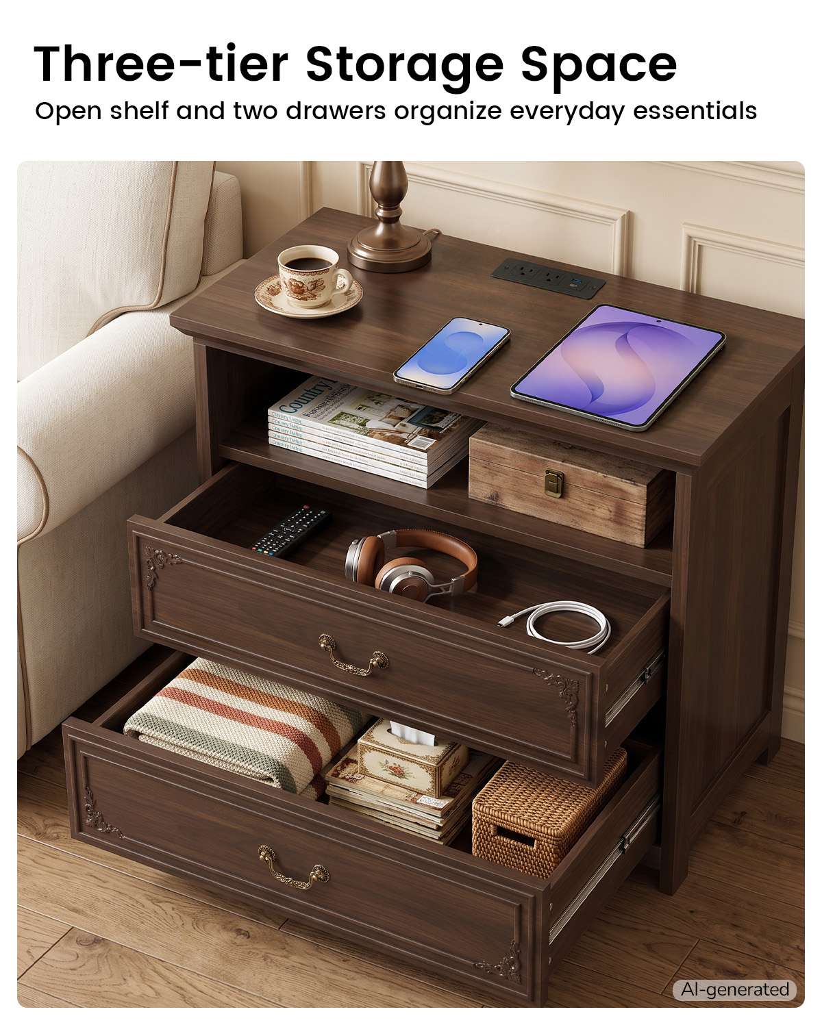 SUCSSRICH | 32-Inch Vintage Farmhouse Nightstand with Charging Station, 2 Drawers & Open Shelf, Elegant Carved Accents and Rustic Metal Handles