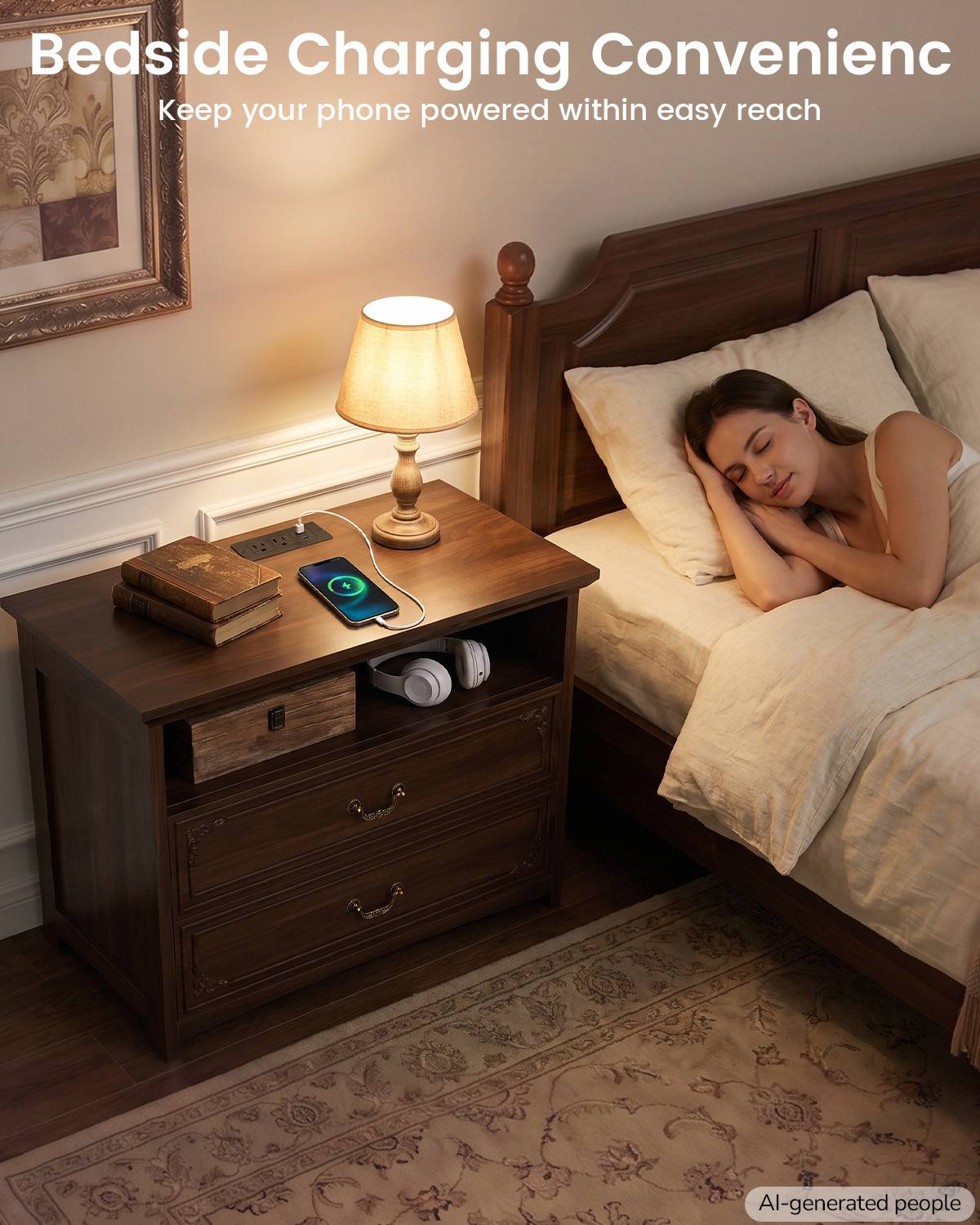 SUCSSRICH | 32-Inch Vintage Farmhouse Nightstand with Charging Station, 2 Drawers & Open Shelf, Elegant Carved Accents and Rustic Metal Handles