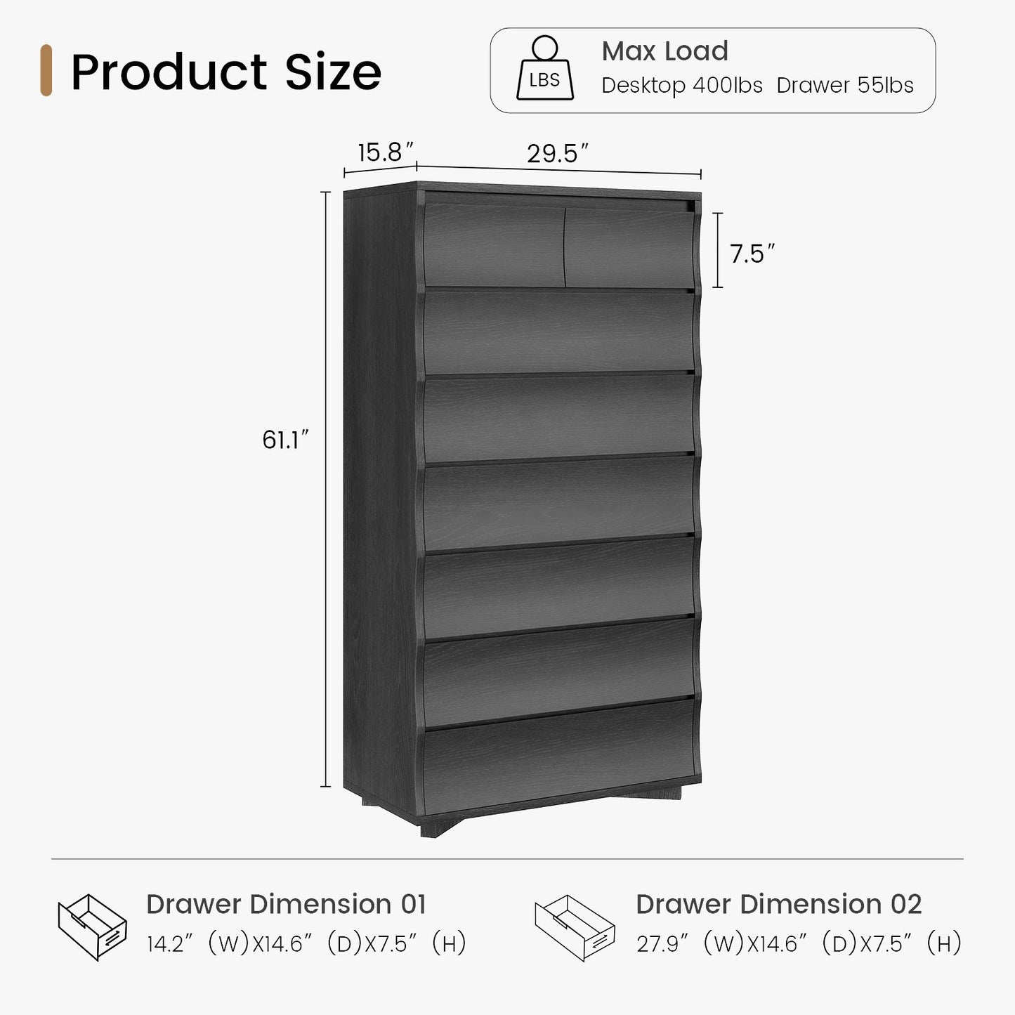 SUCSSRISH 61 Inch Tall Black 8-Drawer Dresser – Bedroom/Hallway Storage Chest