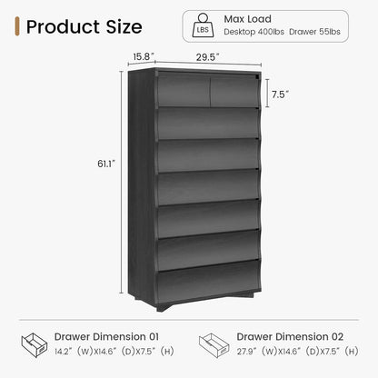 SUCSSRISH 61 Inch Tall Black 8-Drawer Dresser – Bedroom/Hallway Storage Chest