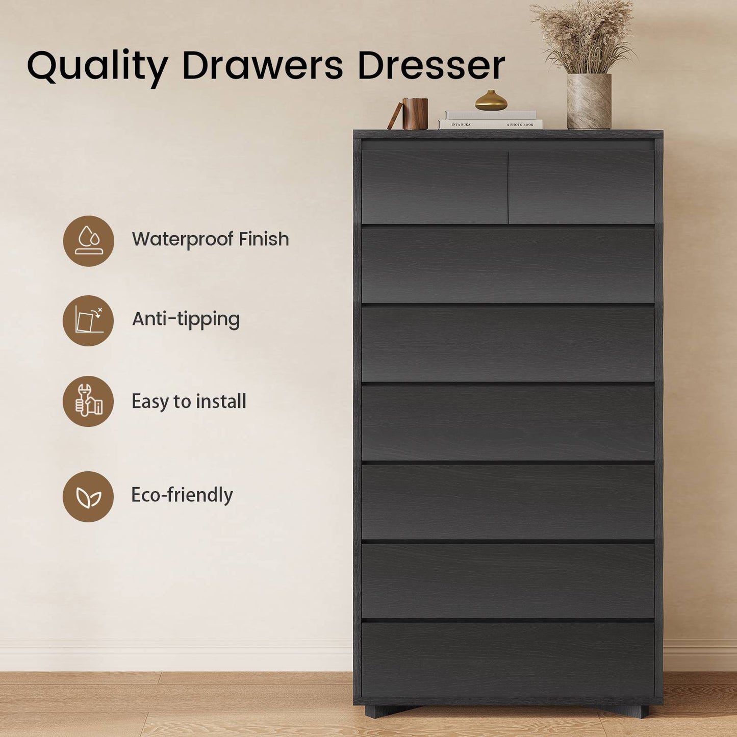 SUCSSRISH 61 Inch Tall Black 8-Drawer Dresser – Bedroom/Hallway Storage Chest