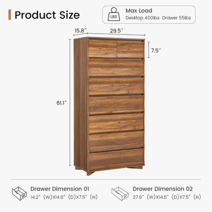 SUCSSRISH 61 Inch Tall Brown 8-Drawer Dresser – Bedroom/Hallway Storage Chest