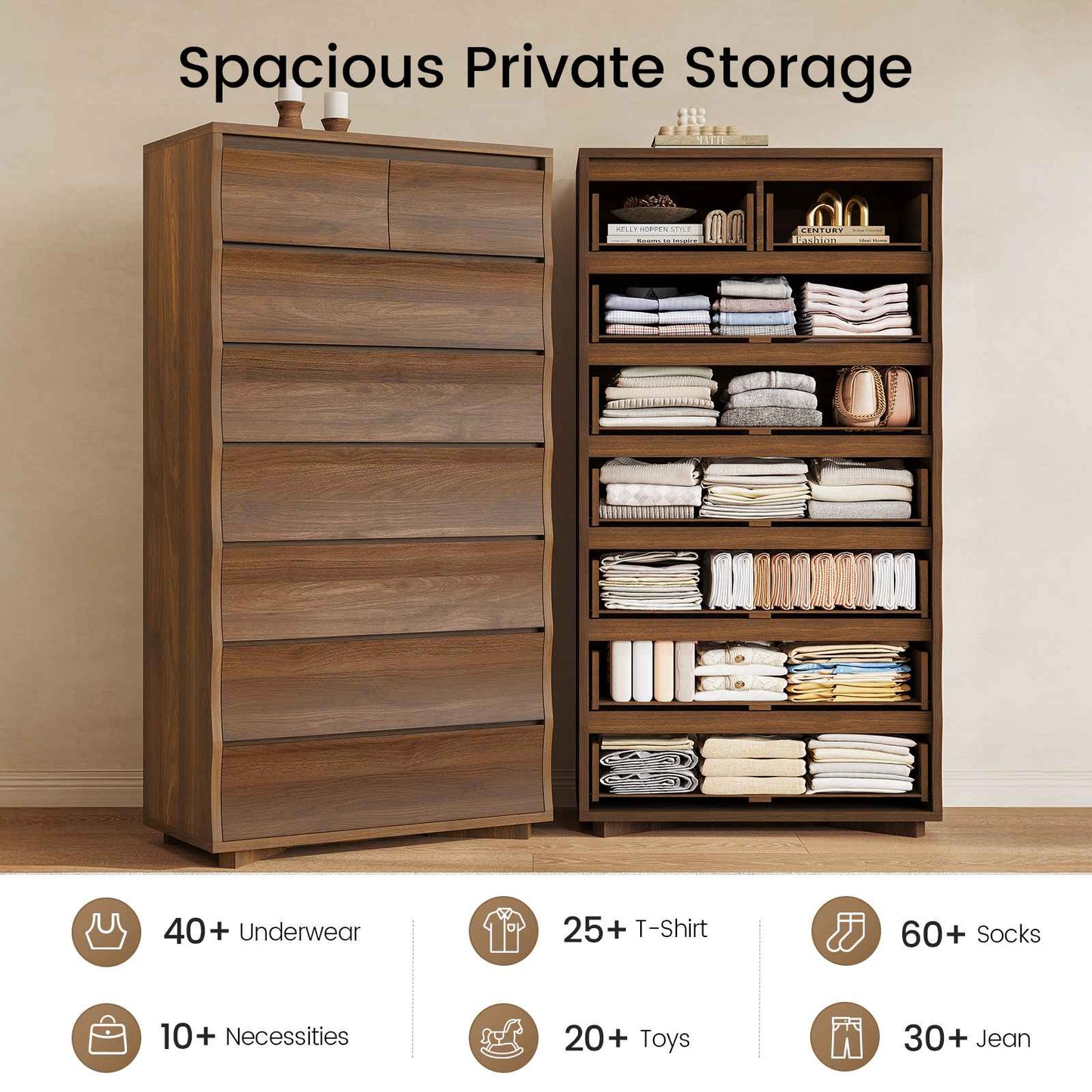 SUCSSRISH 61 Inch Tall Brown 8-Drawer Dresser – Bedroom/Hallway Storage Chest