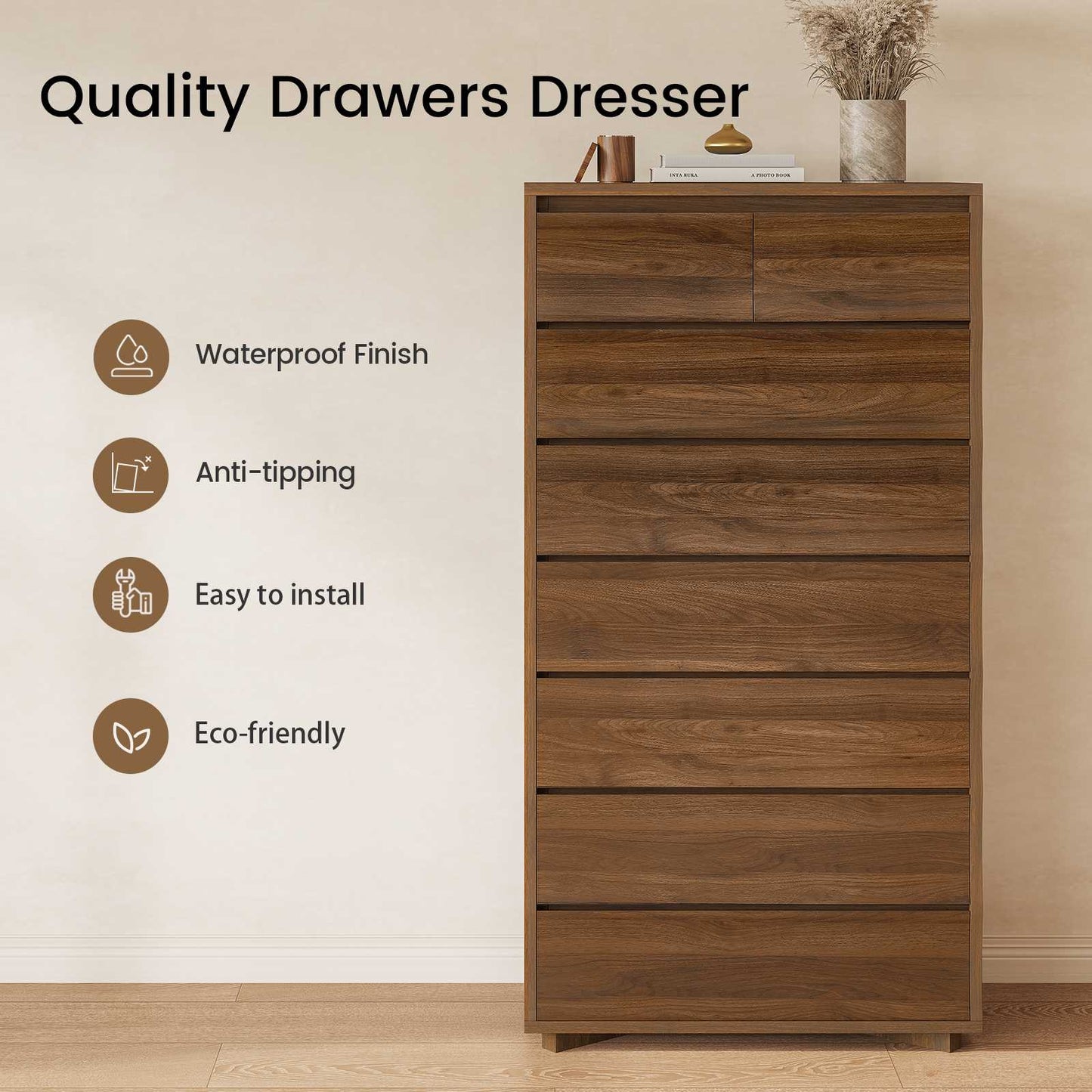SUCSSRISH 61 Inch Tall Brown 8-Drawer Dresser – Bedroom/Hallway Storage Chest