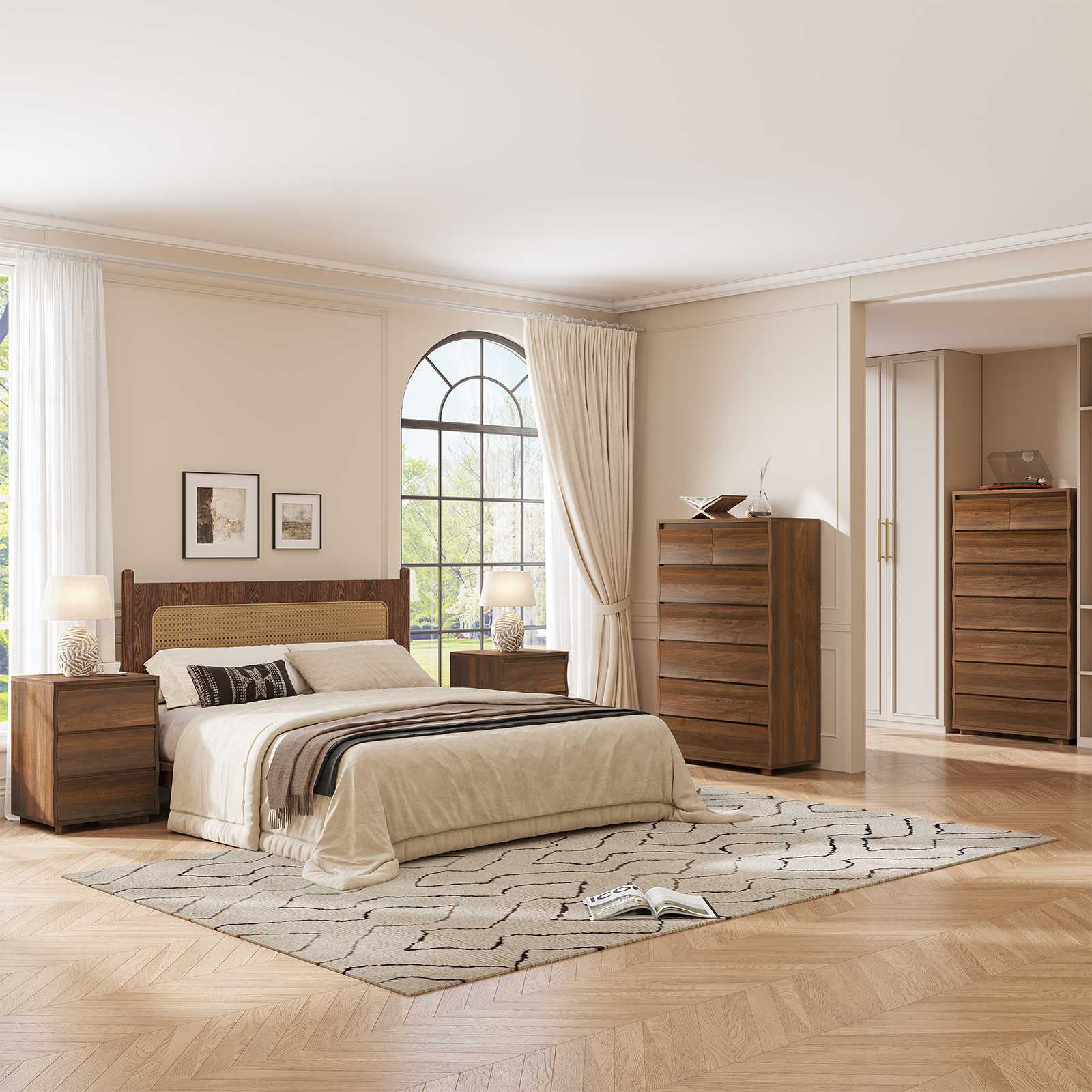 brown modern dresser for bedroom Paxton Mid-Century Modern 3-Drawer Dresser with Solid Wood Frame and Rattan Accent - Single