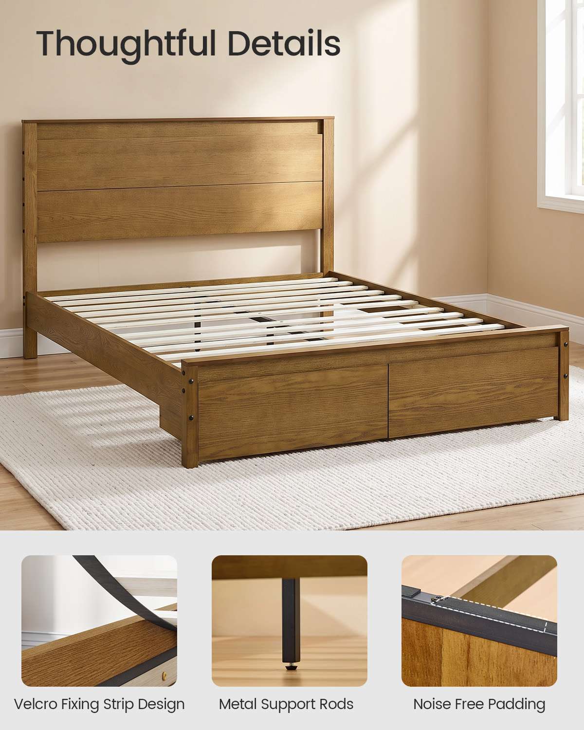 SUCSSRICH | Solid Wood Queen Bed Frame with Storage Drawers & High Headboard - Vintage Brown