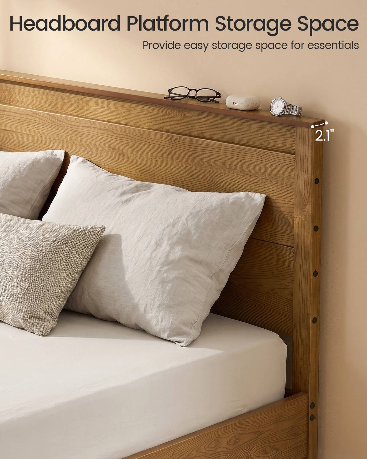 SUCSSRICH | Solid Wood Queen Bed Frame with Storage Drawers & High Headboard - Vintage Brown