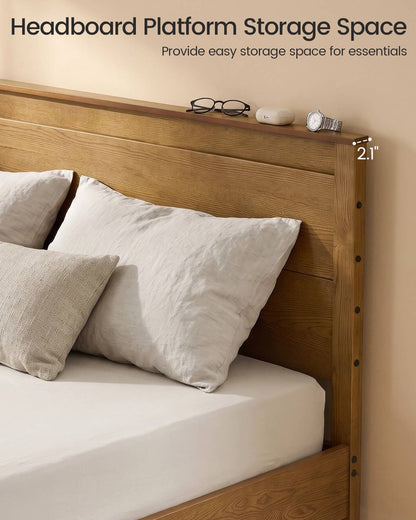 SUCSSRICH | Solid Wood Queen Bed Frame with Storage Drawers & High Headboard - Vintage Brown